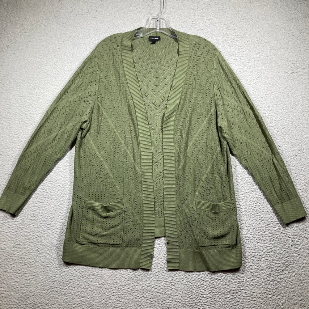 Torrid Cardigan Women 1 (14/16) Olive Green Pointelle Chevron Open Front Pocket